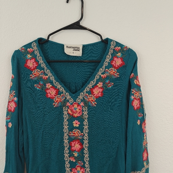 Savanna Jane Turquoise Floral Embroidered Long Sleeve V Neck Blouse Small - Picture 3 of 9